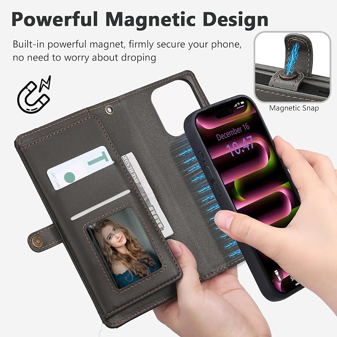 Wallet Case for iPhone 16 Pro with Card Holder/Crossbody Wallet/Strap| RFID Blocking | Magnetic | Kickstand | Detachable | PU Leather Phone Case for iPhone 16 Pro,6.3 in,Black