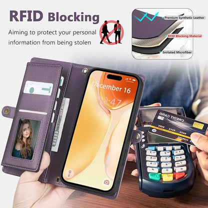 Wallet Case for iPhone 15 with Card Holder/Crossbody Wallet/Strap| RFID Blocking | Magnetic | Kickstand | Detachable | PU Leather Phone Case for iPhone 15,6.1 in,Purple