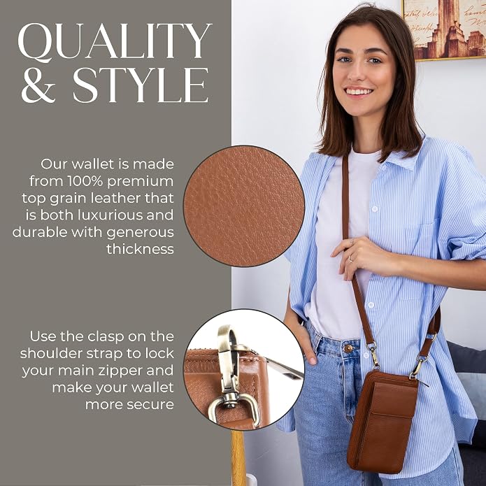 BULL GUARD Crossbody Leather Wallet Phone Purse, Anti Theft and RFID Blocking, Elegant Design for Travel