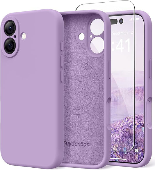 Magnetic for iPhone 16 Case, Compatible with MagSafe, [Screen Protector + Full Camera Protection], Silicone Shockproof Anti-Scratch Protective Phone Case for iPhone 16 6.1", Light Purple