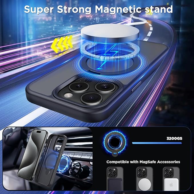 CACOE Magnetic Case for iPhone 15 Pro 6.1 inch with 360° Rotatable Ring Stand,Compatible with MagSafe Car Phone Mount,Cover Phone Holder for Desk Meeting Matte Black