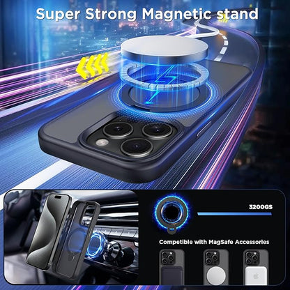 CACOE Magnetic Case for iPhone 15 Pro 6.1 inch with 360° Rotatable Ring Stand,Compatible with MagSafe Car Phone Mount,Cover Phone Holder for Desk Meeting Matte Black