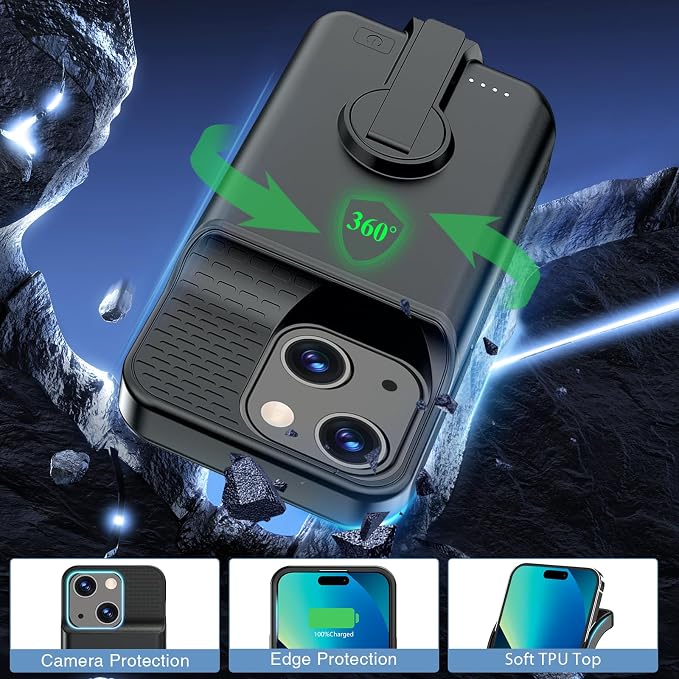 GIN FOXI Battery Case for iPhone 15/15 Pro, Rechargeable Charging Case with Stand 7000mAh Ultra-Slim Anti-Fall Protection Extended Battery Pack Juice Box for iPhone 15/15 Pro 6.1" Black