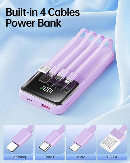 RONEGN Portable Charger with Built in Cable -20000mAh Fast Charging Power Bank USB C Slim 22.5W LED Display Battery Pack 5 Outputs & 3 Inputs for Travel Essentials iPhone Samsung Phones Purple