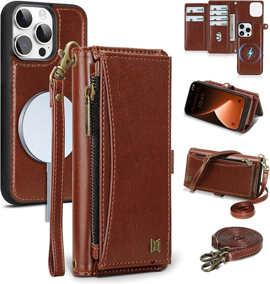 Wallet Case for iPhone 15 Pro with Card Holder/Crossbody Wallet/Strap| RFID Blocking | Magnetic | Kickstand | Detachable | PU Leather Phone Case for iPhone 15 Pro,6.1 in,Brown