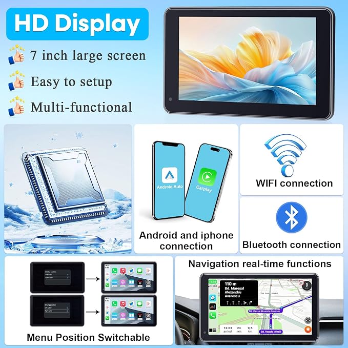 Carplay for Apple Portable Car Screen: Easy Setup 7 Inch Android Auto - Wireless Car Play Touchscreen with GPS Navigation,Bluetooth, FM,AirPlay Mirroring,Siri for Commuters and Older Cars