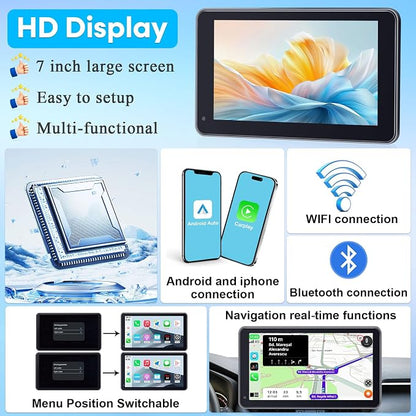 Carplay for Apple Portable Car Screen: Easy Setup 7 Inch Android Auto - Wireless Car Play Touchscreen with GPS Navigation,Bluetooth, FM,AirPlay Mirroring,Siri for Commuters and Older Cars