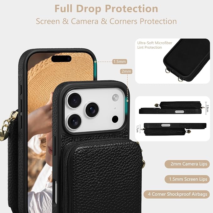 Keallce Case for iPhone 17 Pro 6.3'' Case Wallet, Crossbody Zipper Purse with RFID Blocking Card Slots Kickstand, Lanyard & Handstrap Flip Folio Leather Phone Cover for iPhone 17 Pro, Black