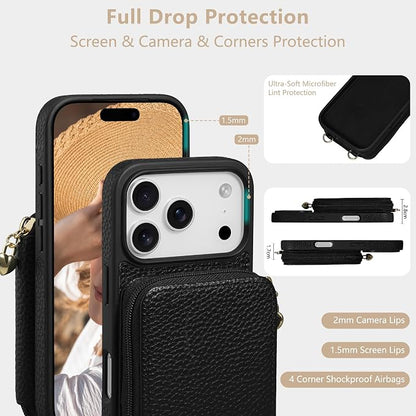 Keallce Case for iPhone 17 Pro 6.3'' Case Wallet, Crossbody Zipper Purse with RFID Blocking Card Slots Kickstand, Lanyard & Handstrap Flip Folio Leather Phone Cover for iPhone 17 Pro, Black