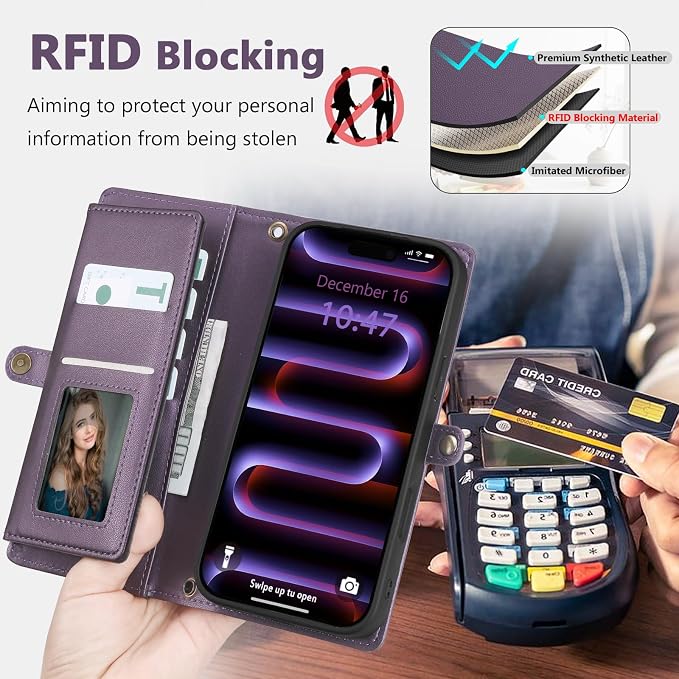Wallet Case for iPhone 16 Pro Max with Card Holder/Crossbody Wallet/Strap| RFID Blocking | Magnetic | Kickstand | Detachable | PU Leather Phone Case for iPhone 16 Pro Max,6.9 in,Purple