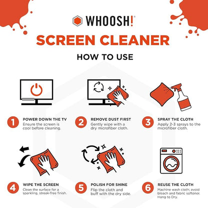 WHOOSH! Pro 16.9 fl oz Refillable TV Screen Cleaner & Microfiber Cloth - Streak-Free Cleaner for Flat Screens, OLED, LCD, Smart TV, Monitors - Non-Toxic, Odorless - Electronics Cleaning Kit