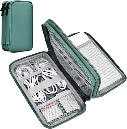 Portable Charger Organizer Travel Case Shockproof Power Bank Bag for Anker/Jackery/RAV/20000mAh Power Bank Leather Waterproof Electronic Case for PowerCore (Deep Green, Double Layer)