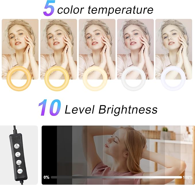 UEGOGO 10'' Ring Light with 72'' Tripod Stand & Phone Holder，38 Color Modes Dimmable LED Ringlight for Live Stream, YouTube,Makeup,TikTok