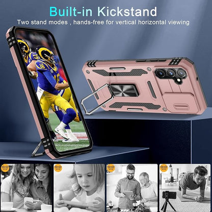 DEERLAMN Case for Samsung Galaxy S23 FE 6.4-Inch with Slide Camera Cover+Screen Protector(1 Pack),Rotated Ring Kickstand Military Grade Shockproof Protective Cover-Rose Gold