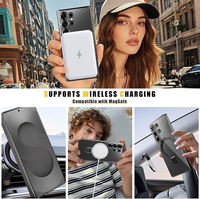 Magnetic for Samsung Galaxy S24 Ultra Case Stand & Ring Holder Compatible with MagSafe Built-in Camera Lens Protector Phone Case for Samsung S24 Ultra - Black