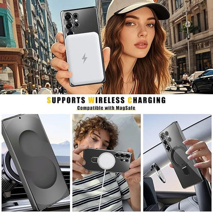 Magnetic for Samsung Galaxy S24 Ultra Case Stand & Ring Holder Compatible with MagSafe Built-in Camera Lens Protector Phone Case for Samsung S24 Ultra - Black