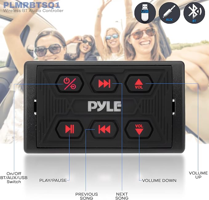 Pyle PLMRBTSQ1 Bluetooth Car Radio, Waterproof Marine Receiver, USB & AUX Inputs, IPX6 Rated, Universal Mounting, Includes 3.5mm Cable, Wireless Range 30ft