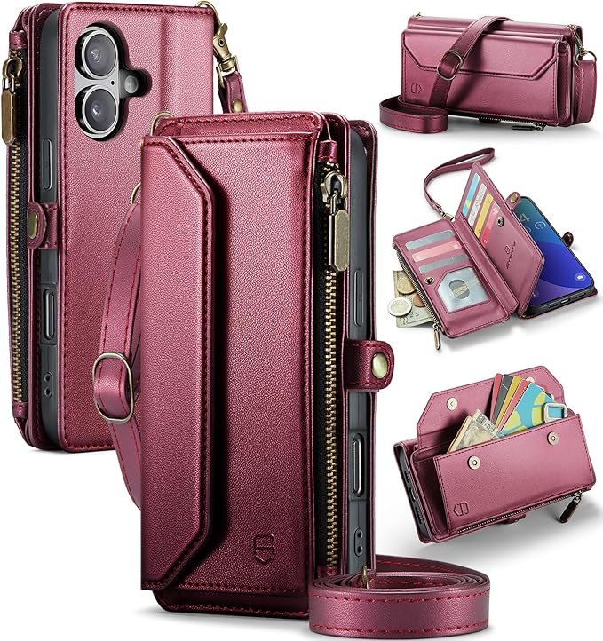 Strapurs Wallet Case Compatible with iPhone 16 Plus 6.7" RFID Blocking 10-Card Holder Soft PU Leather Magnetic Snap Shoulder Strap Zipper Pocket Phone Case Fit for iPhone 16 Plus - Wine Red
