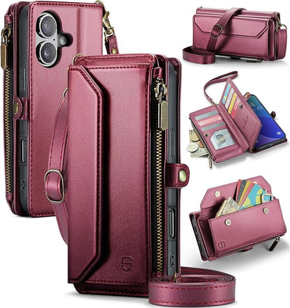 Strapurs Wallet Case Compatible with iPhone 16 Plus 6.7" RFID Blocking 10-Card Holder Soft PU Leather Magnetic Snap Shoulder Strap Zipper Pocket Phone Case Fit for iPhone 16 Plus - Wine Red