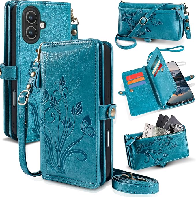 Lacass for iPhone 16 Plus Case Wallet,[Cards Theft Scan Protection] Card Holder Zipper Leather Flip Cover Crossbody Wrist Strap with Stand (Floral Blue Green)