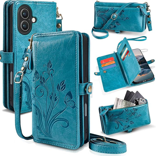 Lacass for iPhone 16 Plus Case Wallet,[Cards Theft Scan Protection] Card Holder Zipper Leather Flip Cover Crossbody Wrist Strap with Stand (Floral Blue Green)