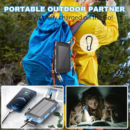 Power Bank Solar Charger 20,000mAh, Portable Phone Charger, 4 Cables Outdoor Waterproof External Backup Power Charger with USB-C for Cell Phones, Solar Battery Pack with Dual Flashlight for Camping