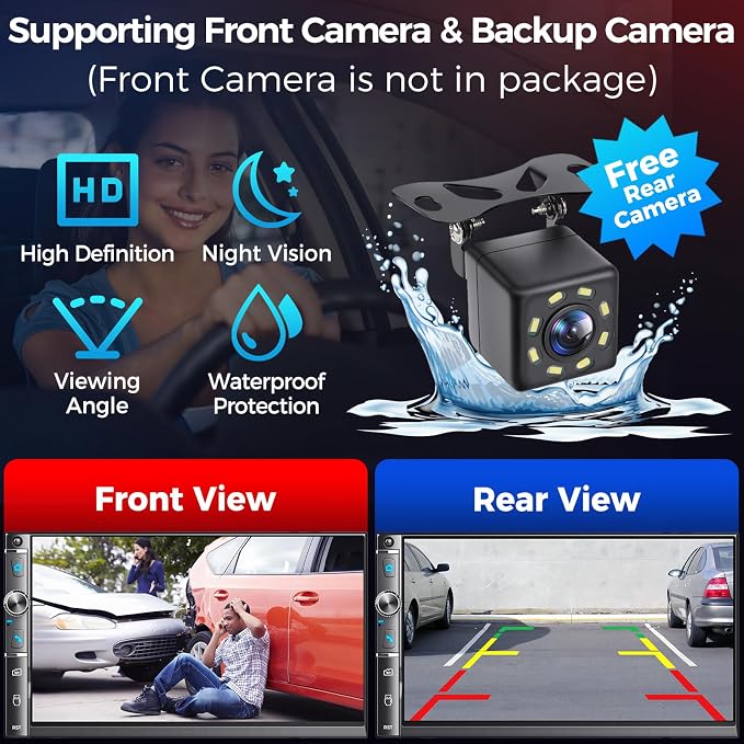 Double Din Car Stereo with 7" HD Touchscreen, Wireless Apple Carplay & Android Auto, Bluetooth, 240W, SWC, Subwoofer Output, Mirror Link, FM/AM Car Radio Receiver, Backup Camera