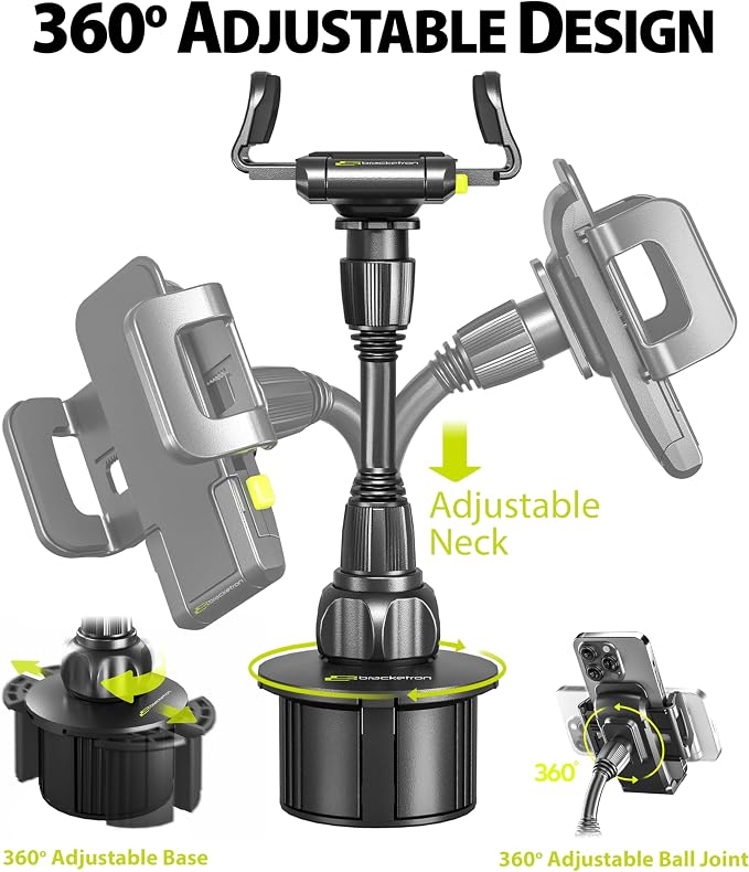 Bracketron TripGrip Universal Phone Holder for Car Cup Holder Mount - 360 Degree Rotation, Swivel Gooseneck, Expandable Base Cell Phone Cup Holder Insert - Smartphone Cradle Stand