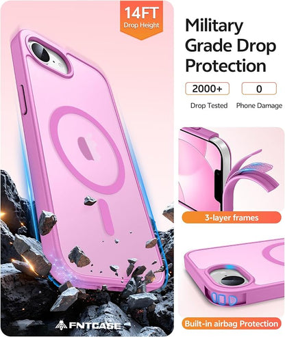 FNTCASE for iPhone 17e Case: iPhone 16e Phone Case [Compatible with Magsafe] Translucent Matte Cases with [Screen Protector] Military Grade Shockproof Protective Phone Cover - Pink