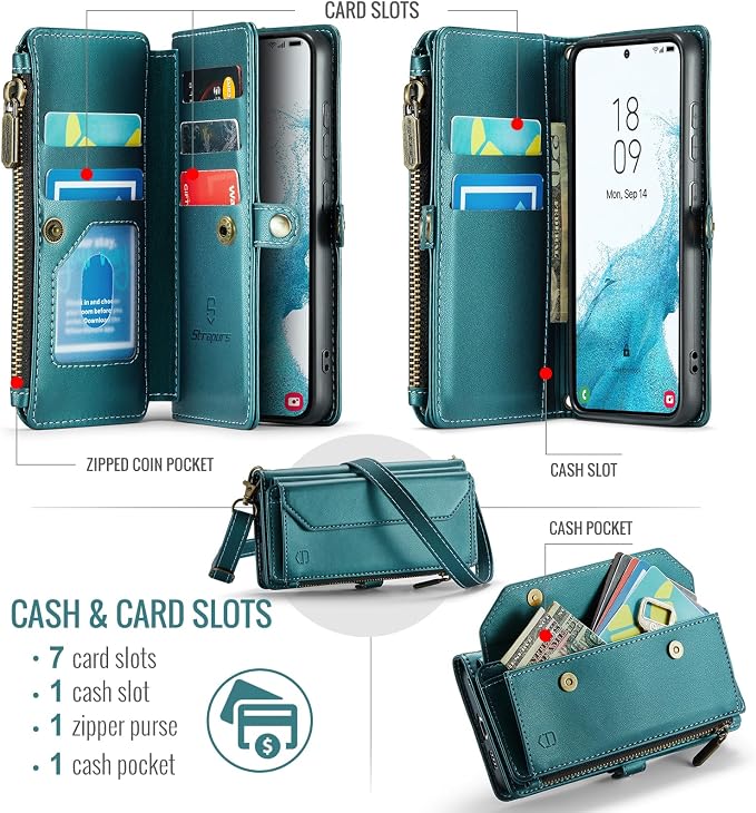 Strapurs Crossbody Wallet Case Compatible with Samsung Galaxy S22 5G RFID Blocking Card Holder Soft PU Leather Magnetic Snap Shoulder Strap Zipper Pocket Phone Case Fit for Galaxy S22 6.1" - BlueGreen