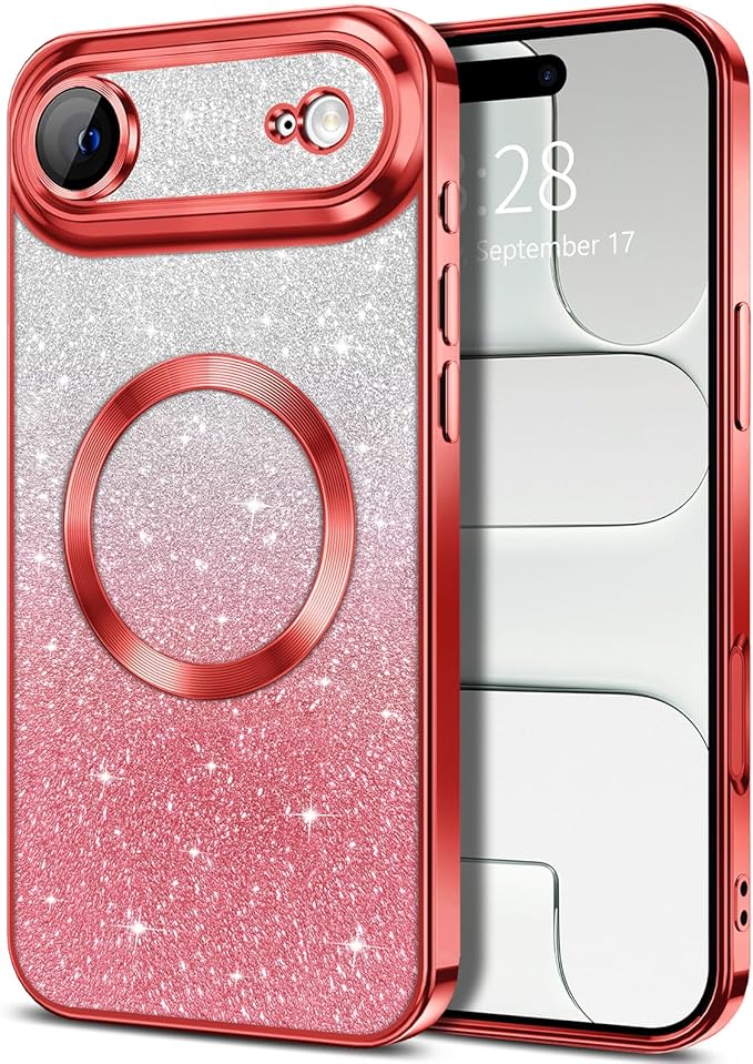 Hython for iPhone Air Case Glitter Clear Magnetic Phone Cases [Compatible with MagSafe] Full Camera Lens Protector Sparkle Luxury Plating Slim Shockproof Protective Cover Women, Gradient Red