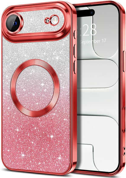 Hython for iPhone Air Case Glitter Clear Magnetic Phone Cases [Compatible with MagSafe] Full Camera Lens Protector Sparkle Luxury Plating Slim Shockproof Protective Cover Women, Gradient Red
