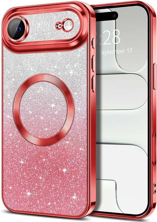 Hython for iPhone Air Case Glitter Clear Magnetic Phone Cases [Compatible with MagSafe] Full Camera Lens Protector Sparkle Luxury Plating Slim Shockproof Protective Cover Women, Gradient Red