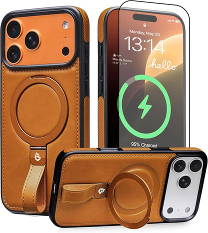 for iPhone 17 Pro Max Leather Case with Stand, Anti-Slip Grip Ring, Fits for MagSafe (Brown, iPhone 17 Pro Max)