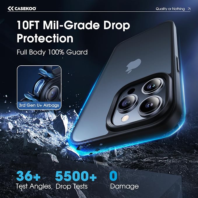 CASEKOO for iPhone 15 Pro Case, [Never Yellow Technology] [Mil-Grade Drop Protection] Translucent Slim Cover Women Men for iPhone 15 Pro Phone Case 6.1 inch, Frosted Black