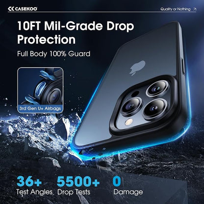 CASEKOO for iPhone 15 Pro Case, [Never Yellow Technology] [Mil-Grade Drop Protection] Translucent Slim Cover Women Men for iPhone 15 Pro Phone Case 6.1 inch, Frosted Black