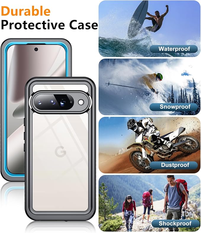 Temdan for Google Pixel 10 Pro Case Waterproof,Built-in Lens & Screen Protector[Full Body Shockproof][Military Dropproof][Dustproof][IP68 Underwater] Protective Cover for Pixel 10 Pro 6.3”-Blue/Clear