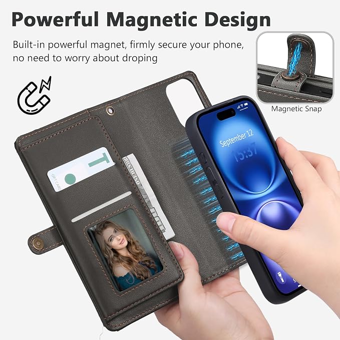 Wallet Case for iPhone 16 with Card Holder/Crossbody Wallet/Strap| RFID Blocking | Magnetic | Kickstand | Detachable | PU Leather Phone Case for iPhone 16,6.1 in,Black