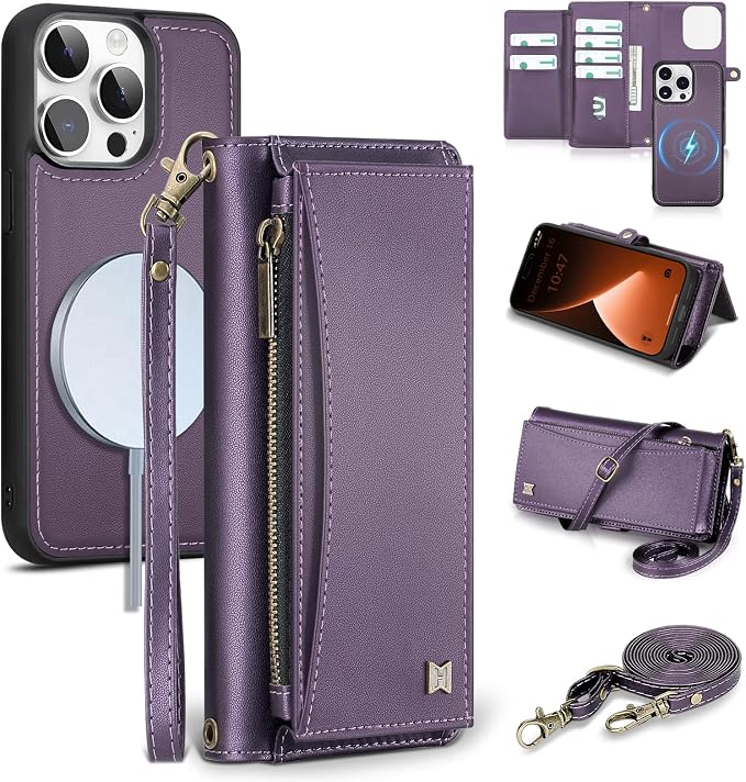 Wallet Case for iPhone 15 Pro with Card Holder/Crossbody Wallet/Strap| RFID Blocking | Magnetic | Kickstand | Detachable | PU Leather Phone Case for iPhone 15 Pro,6.1 in,Purple