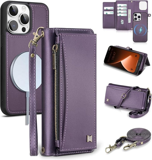 Wallet Case for iPhone 15 Pro with Card Holder/Crossbody Wallet/Strap| RFID Blocking | Magnetic | Kickstand | Detachable | PU Leather Phone Case for iPhone 15 Pro,6.1 in,Purple