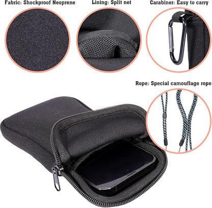 Pwsap Phone Sock, Universal Shock & Impact Resistant Neoprene Pouch with Carabiner and Lanyard Strap Sleeve Case for Hiking & Travelling Phone Bag Fits Phones up to 7 Inches, Black, L