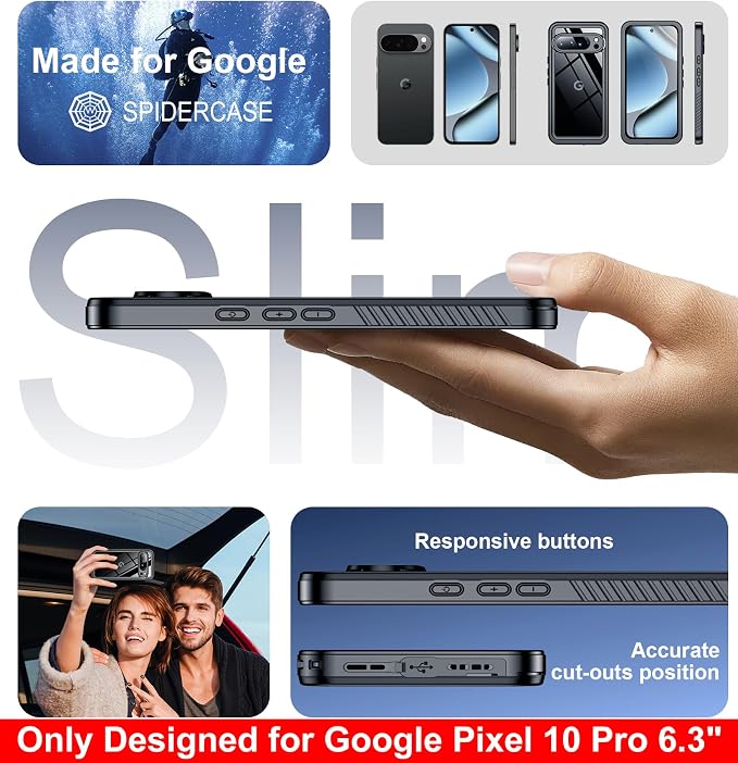 SPIDERCASE ONLY Designed for Google Pixel 10 Pro Case Waterproof, [12FT Military-Grade Drop Protection] IP68 Water Resistance [Anti-Peeping Screen Protector] Full Body Sealed Phone Case 6.3", Black