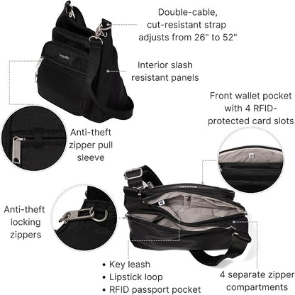 Baggallini Securtex Anti-theft Crossover Crossbody Bag 11”w X 8.5”h, Rfid, Built-in Wallet, Locking Zippers
