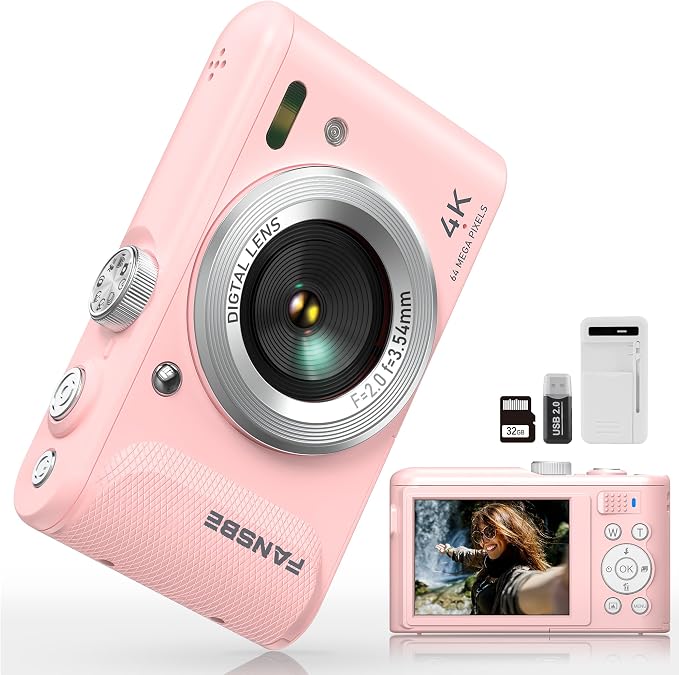 Digital Camera, 4K Vlogging Camera with 64MP, Point and Shoot Digital Cameras with 18X Zoom, Anti-Shake, Mode Dial, 32GB SD Card, Card Reader, Charger, Compact Small Cameras, Blush Pink