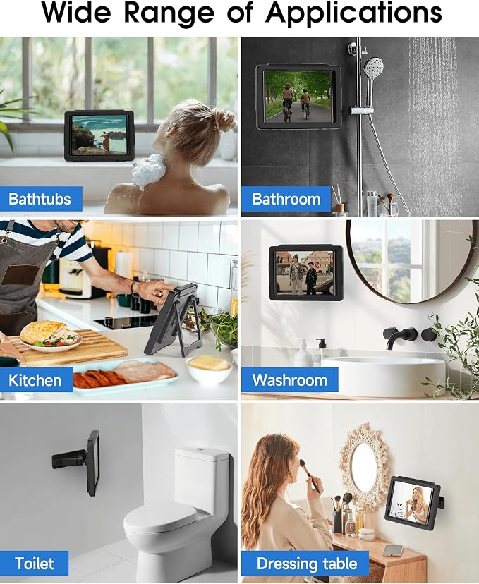 Mistriddle Shower iPad Holder Waterproof with 480° Rotation Retractable Adjustable, Wall Mount Up to 11", Shower Tablet Holder for Bathroom Bathtub, 2 Adhesive, Fit for iPad, iPad Pro 11 (Black)