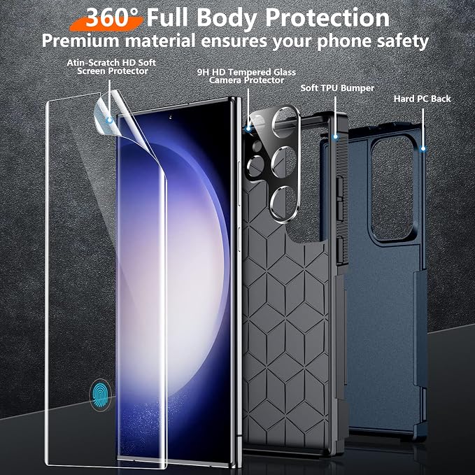 Red2Fire for Samsung Galaxy S23 Ultra Case, [Military Grade Shockproof] with 2Pcs [Soft Screen Protector + Lens Protector] Heavy Duty Full Body Protection Phone Case for S23 Ultra Case 5G, Sea Blue