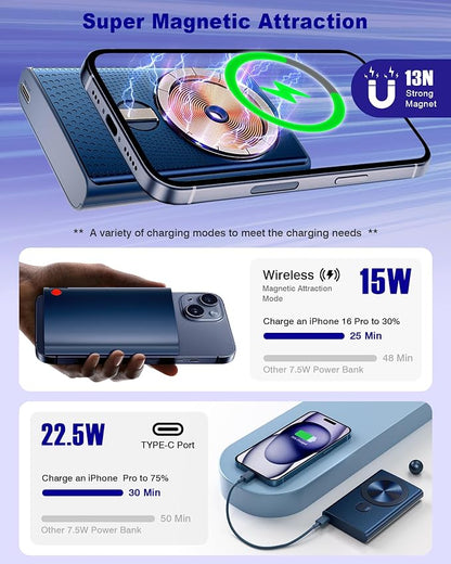 Kesguar Magnetic Portable Charger, 10000mAh 22.5W PD Super Fast Charging Wireless Power Bank. Ultra-Strong Magnet, USB C in&Out Battery Pack for Magsafe, iPhone 17/16/15/13/12 Pro Series