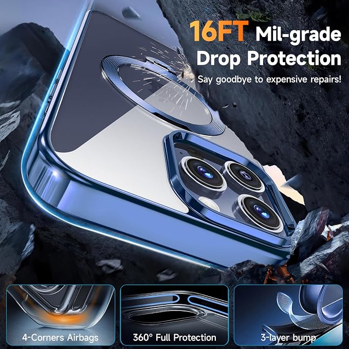 [Tri-Shield Protection] for iPhone 13 Pro Case with 360° Spin Stand Compatible with MagSafe [Magnetic CD Ring] [Screen & Camera Lens Protector] Shockproof Plating Never-Yellowing, Blue-6.1"
