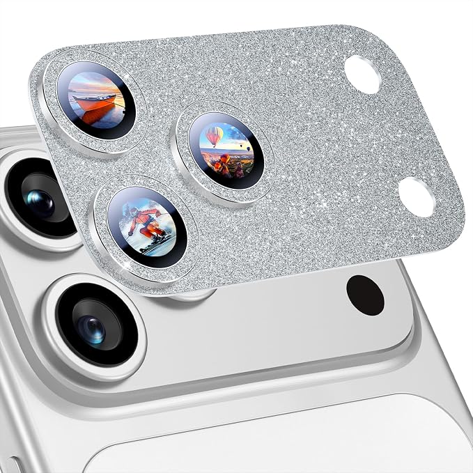 Uyiton for iPhone 17-Pro-Max Camera-Lens Protector: Bling [Not Easy to Break][Strong Adsorption][Case-Friendly] Metal Tempered Glass Rear Camera Screen Cover - Glitter Silver