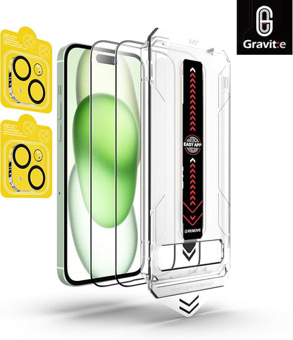 Gravit:e Screen Protector for iPhone, 9H Tempered Glass, Smart Installation Tool, Automatic Fine Dust Removal and Camera Protector 2 Pack (iPhone 15Plus)